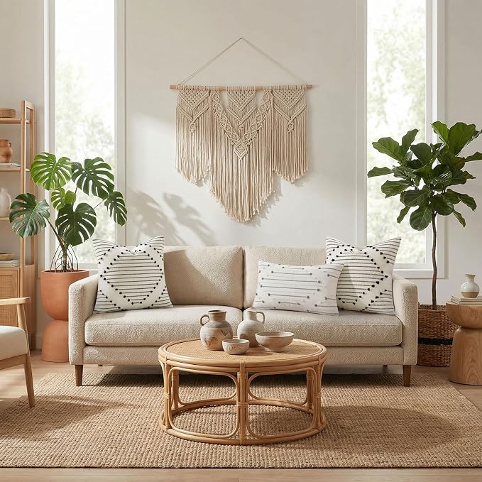 Mecatny Boho Summer Outdoor Throw Pillow Covers 22X22 Set of 2, Farmhouse Decorative Pillow Covers for Couch Sofa Living Room, Beige & Grey