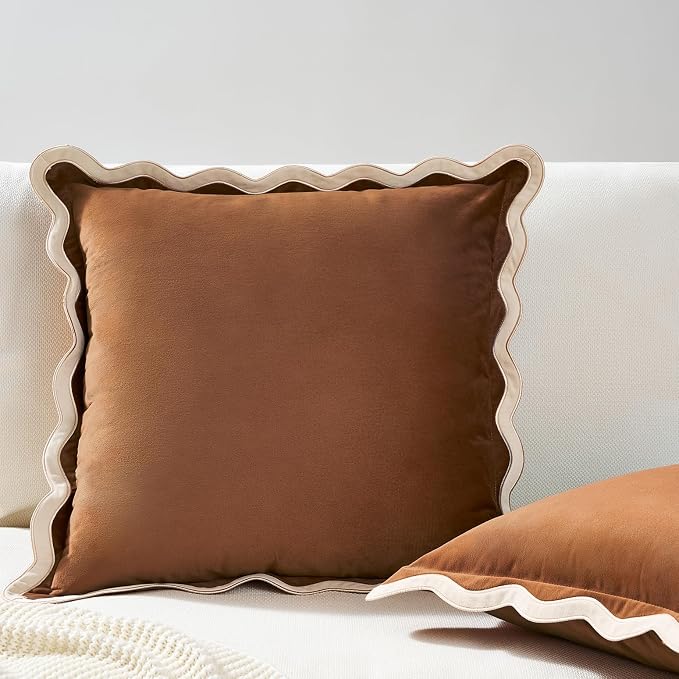MONDAY MOOSE Decorative Throw Pillow Covers Cushion Cases, Set of 2 Soft Velvet Scalloped Wavy Edge Designs, Mix and Match for Home Decor, Pillow Inserts Not Included (20x20 inch, Beige/Brown)