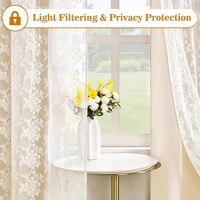 Yinhua Blackout Curtains for Bedroom Double Layer Beige Curtains for Living Room 54 Inch Length 2 Panels Set Kid Curtain with Floral Sheer Overlay, Grommet Drapes with Tiebacks, 52" W x 54" L