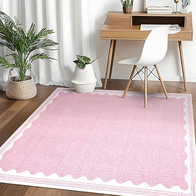 4x6 Scalloped Area Rugs Pink Washable Entryway Bedroom Rug | Solid Tan Rug for Bedroom Girls, Non Slip Throw Carpet With Rubber Back, Soft Dorm Nursery Scalloped Rugs for Dining Room