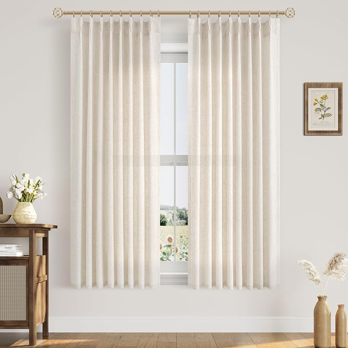 Aersas Natural Pinch Pleat Linen Curtains 63 Inch Length 2 Panels Set for Bedroom Dining Room Semi Sheer Linen Boho Farmhouse Neutral Window Curtains 63 Inches Long for Living Room Nursery 50x63