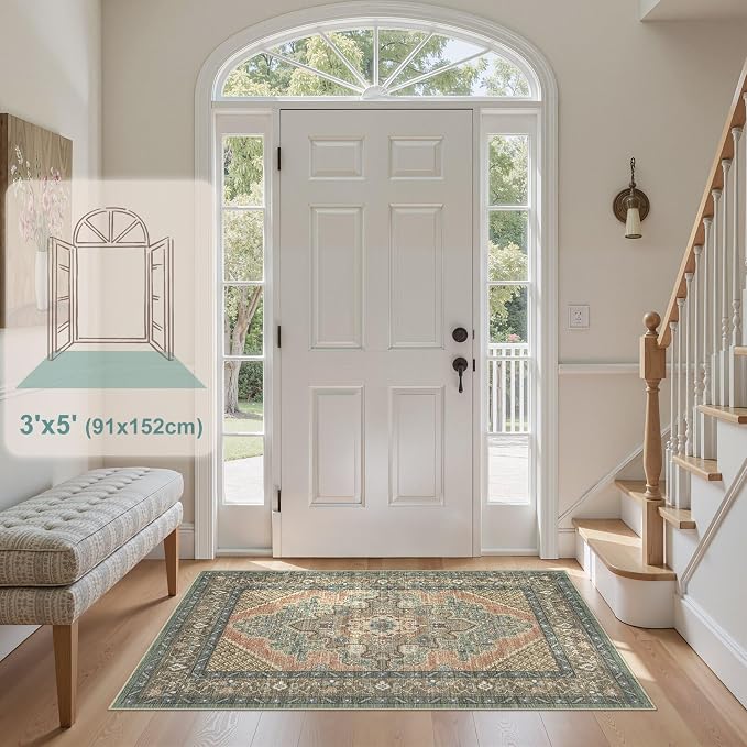 Tortania Area Rug Living Room Rugs - 3x5 Washable Rug Vintage Oriental Distressed Farmhouse Small Thin Indoor Carpet for Living Room Bedroom Under Dining Table Home Office - Sage Terracotta