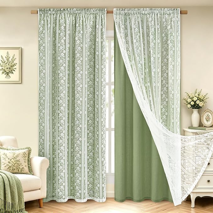 ASPMIZ Linen Curtains for Living Room Double Layer Curtains with Linen Lace, Sage Green Curtain for Bedroom Light Filtering, Rod Pocket Drapes 84 Inch Length 2 Panels Set with 2 Tiebacks, 52x84