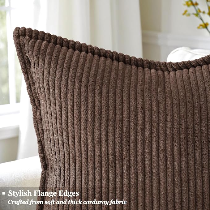 decorUhome Fall Corduroy Dark Brown Throw Pillow Covers 24x24 Set of 2 | Euro Sham Couch Decorative Soft Modern Boho Farmhouse Pillow Covers Broadside Striped Pillow Cases for Living Room Bed Sofa