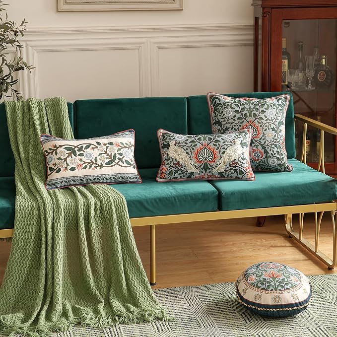 ISAENNE Vintage Linen Throw Pillow Cover,Set of 2,20"x12"-Naples C | Designer French Elegant Pillow Cover,Concealed Zipper Design,Floral Pattern,Sofa,Bedroom,Living Room,Lounge Chairs