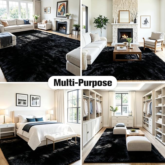 5x7 Area Rug for Living Room, Ultra Soft Fluffy Black Rugs for Bedroom, Non Slip Large Shag Carpet, Fuzzy Plush Nursery Rug, Thick Washable Indoor Floor Carpets for Kids Office Dorm Home Decor