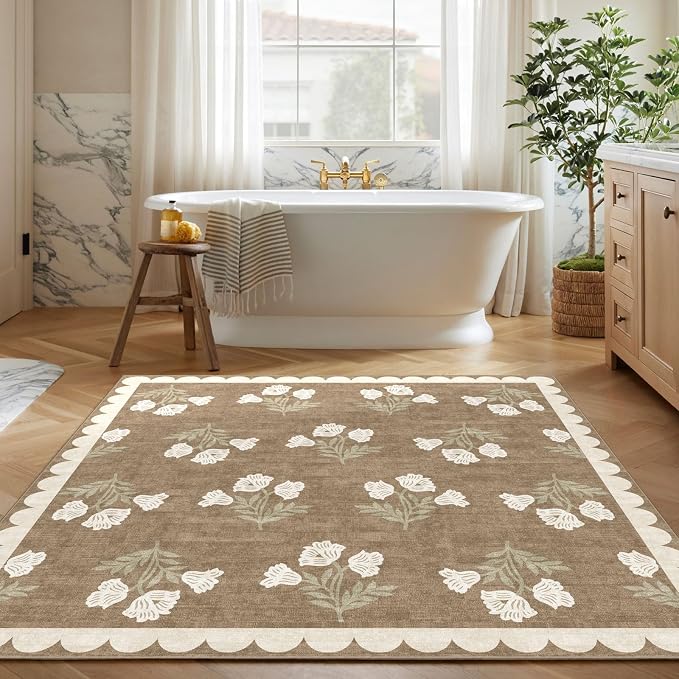 Tan Square Rug 5ft - Soft Washable Boho Farmhouse Bedroom Rug Non Slip 5x5 Stain Resistant Cottage Neutral Scalloped Area Rugs for Living Room Entryway Kitchen Dining Room Bathroom Nursery