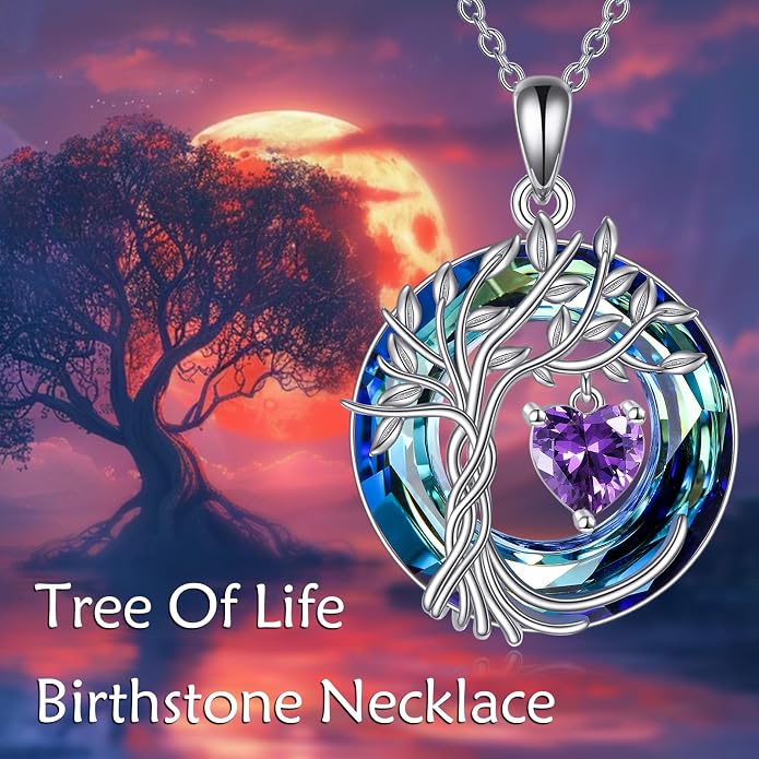 POPLYKE Mothers Day Gifts for Mom Her Wife Tree of Life Necklace 925 Sterling Silver Birthstone Pendant with Crystal Anniversary Birthday Wedding Jewelry for Women