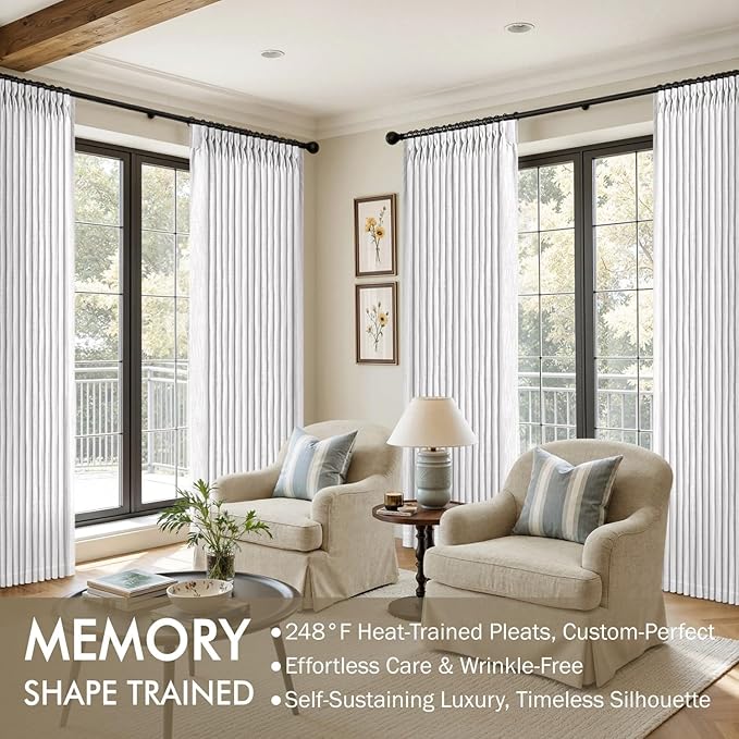 MIULEE Pinch Pleated White Thick Linen Curtains 96 Inches Long 2 Panels, Linen Texture Memory Trained Drapes for Living Room Bedroom, Pinch Pleat Back Tab Light Filtering Farmhouse Window Curtains