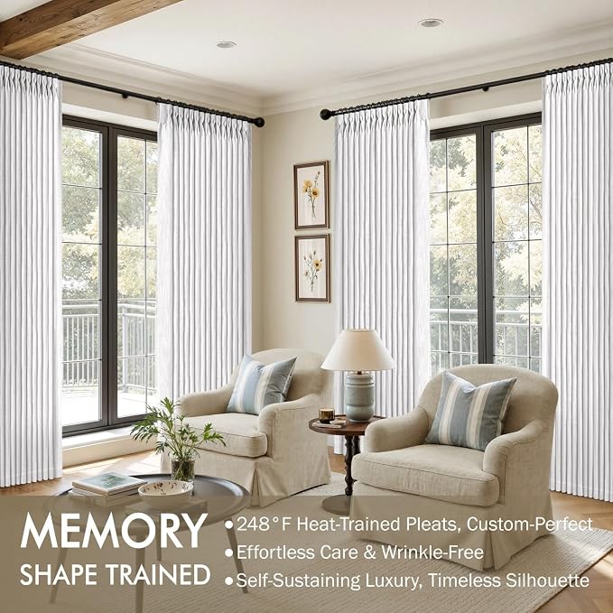 MIULEE Pinch Pleated White Thick Linen Curtains 108 Inches Long 2 Panels, Linen Texture Drapes for Living Room Bedroom Dining Room, Extra Long Light Filtering Farmhouse Foor to Ceiling Curtains