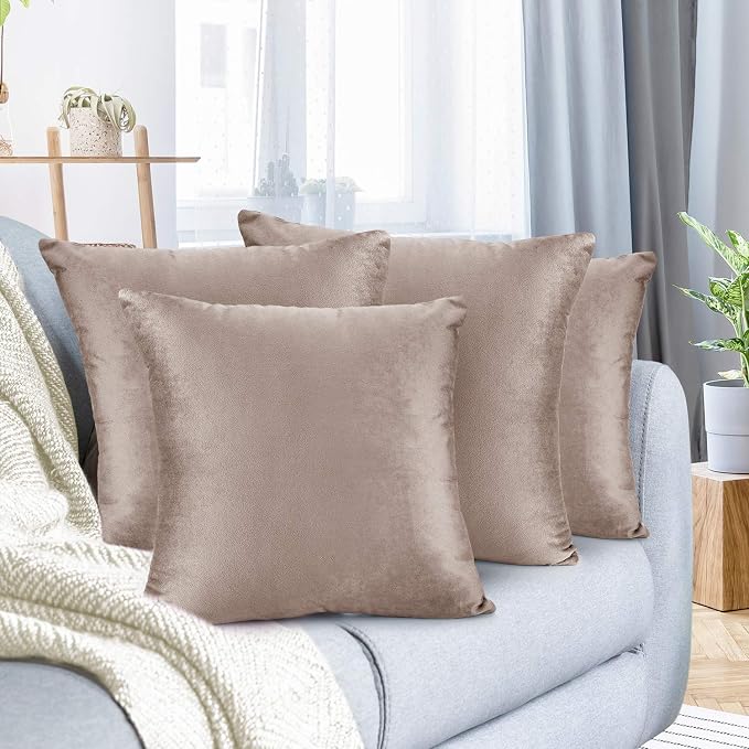 Nestl Throw Pillow Covers, Cozy Velvet Decorative Outdoor Pillow Covers 16 x 16 Inches, Soft Solid Cushion Covers for Sofa, Bed and Car, Set of 4 - Taupe Sand