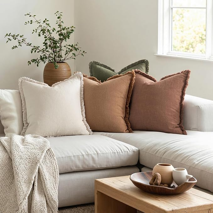 MIULEE Fall Linen Fringe Pillow Covers Set of 4 18x18 Beige/Brown/Green | Boho Farmhouse Decorative Throw Pillow Covers, Neutral Soft Rustic Cushion Cases, for Couch Sofa Bed Living Room Home Decor