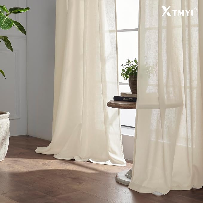 XTMYI Tan Beige Curtains 84 Inches Long for Living Room,Sheer Linen Hooks Pleated Back Tab Light Filtering Semi Opaque Curtains for Bedroom,Set of 2 Panels