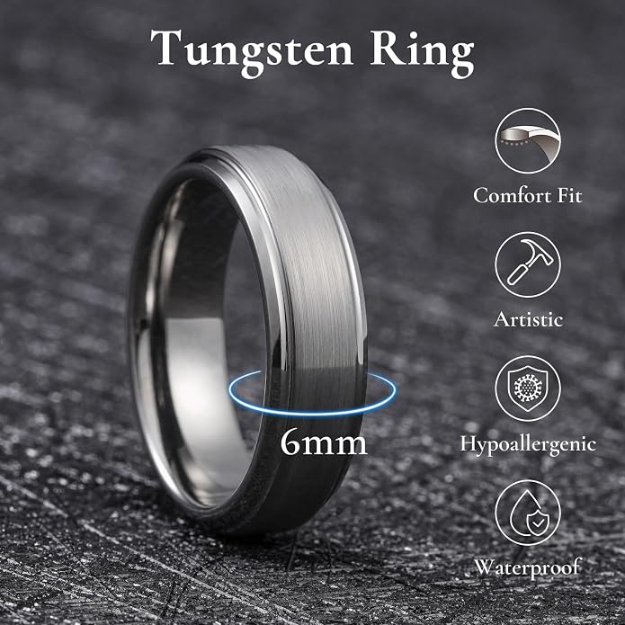 King Will Classic Tungsten Wedding Band for Men, 6/7/8/9/10mm Widths, Polished Finish Step Edge Matte Rings Comfort Fit
