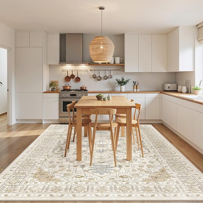 befbee 6x9 Area Rug for Living Rooms, Stain Resistant Neutral Washable Rugs for Dining Rooms, Floral Vintage Non-Slip Thin Large Size Area Rugs(Beige)
