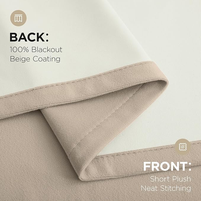 Joydeco 100% Blackout Velvet Curtains Light Beige 102 Inch Back Tab | Luxury Thermal Insulated Velvet Curtains for Bedroom Living Room, Soundproof Blackout Window Drapes