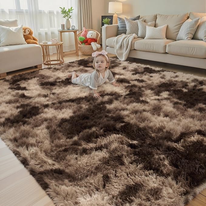 Area Rugs 10x14 Living Room, Shaggy Carpet Soft Plush Furry Bedside Rug Large Area Rugs for Bedroom Home Decor Anti Slip(10 x 14, Dark Coffee Tie-Dyed)