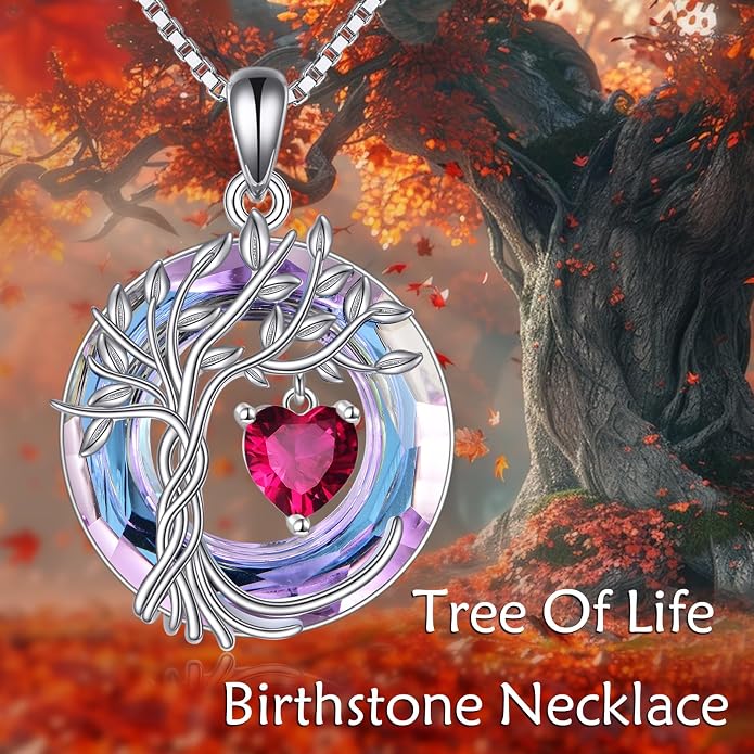 POPLYKE Mothers Day Gifts for Mom Her Wife Tree of Life Necklace 925 Sterling Silver Birthstone Pendant with Crystal Anniversary Birthday Wedding Jewelry for Women