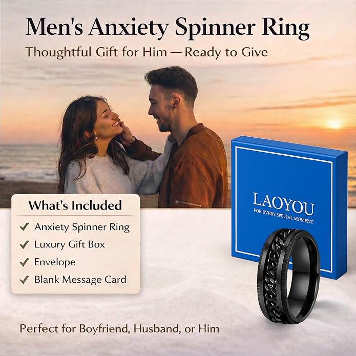 LAOYOU Fidget Anxiety Ring for Men | 8mm Spinner Band for Calming, Worry, Stress Relief & Mindfulness | Hypoallergenic Stainless Steel Comfort Fit Non Tarnish