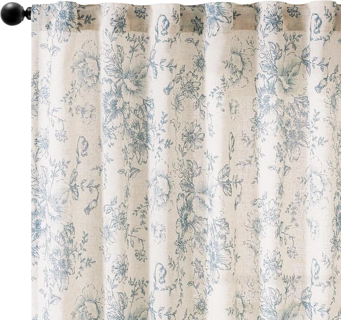 jinchan Blue Floral Linen Curtains 54 Inch Vintage Back Tab 2 Panels | Light filtering drapes, semi sheer, farmhouse, cottagecore, rustic, living room, bedroom, rod pocket, window treatment