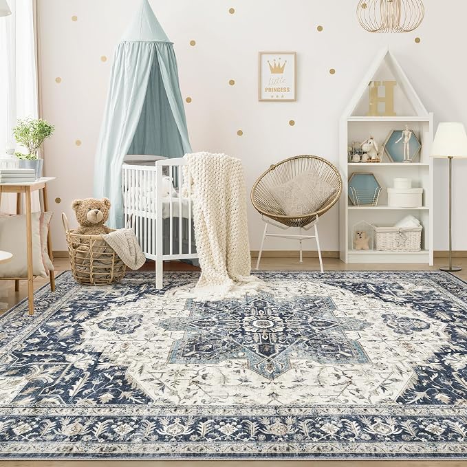 Tortania Area Rug Living Room Rugs - 10x12 Washable Boho Rug Vintage Oriental Distressed Farmhouse Large Thin Indoor Carpet for Living Room Bedroom Under Dining Table Home Office - Indigo
