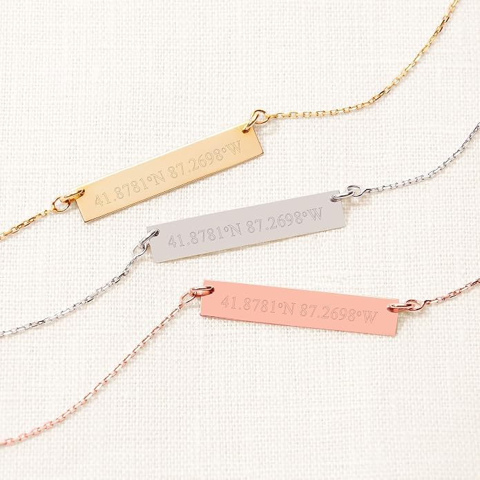 EVE'S ADDICTION Custom Engraved Gold Tone Coordinate Name Bar Necklace - Personalized Longitude Latitude Necklace for Her - Couples Jewelry - Jewelry for Wedding Party - Gifts for Mom