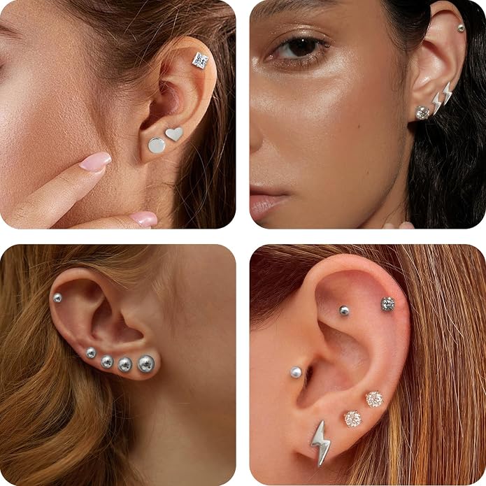 Stud Earrings Set for Women, 14K Gold Plated Hypoallergenic Heart Pearl Ball Studs Pack 316L Stainless Steel CZ Earrings Multi-Style & Size 3-8mm
