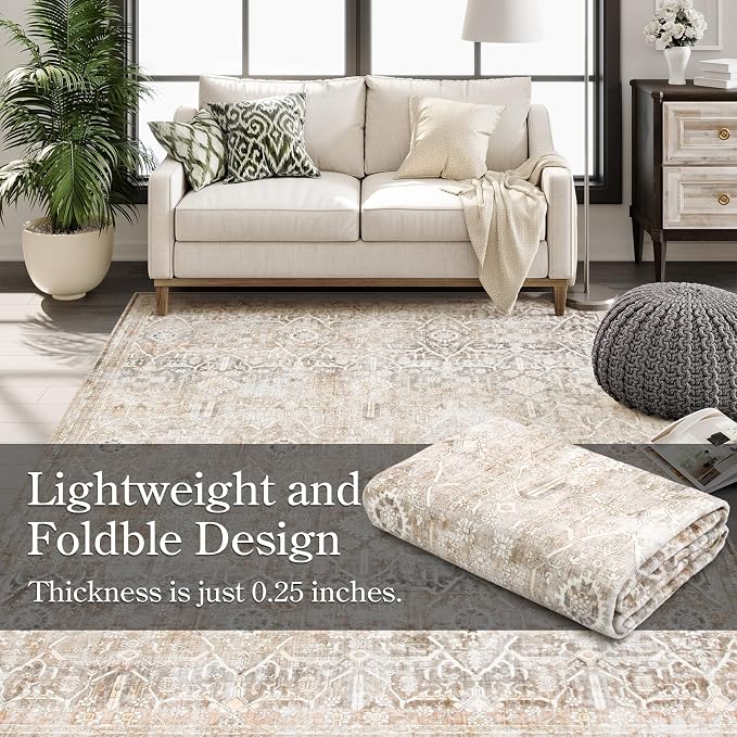 Collive Large Area Rug for Living Room 10x14, Machine Washable Neutral Oriental Farmhouse Rugs for Bedroom, Soft Non-Slip Low Pile Indoor Floor Accent Carpet for Office Dining Room - Beige