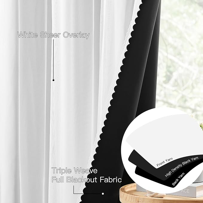 XiDi 100% Blackout White Curtains with Sheer Overlay 84 Inches Long Double Layer Curtains for Living Room Girls Kids Bedroom Light Blocking Thermal Insulated Drapes Grommet Set of 2 White 34W x 84L