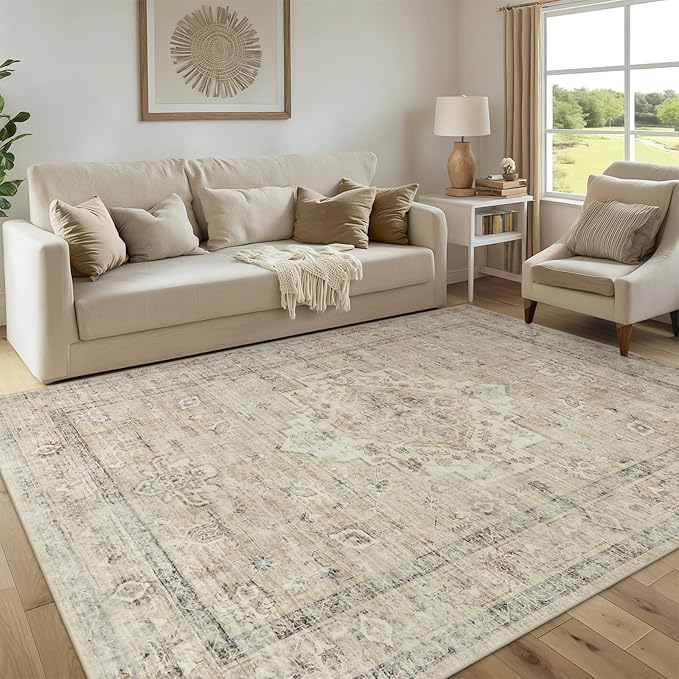 LIVEBOX Washable Area Rug 8x10 Rugs for Living Room Bedroom, Non-Slip Boho Neutral Carpet for Dining Room Office, Low-Pile Farmhouse Soft Carpets for Kids Nursery Room Playroom, Tan