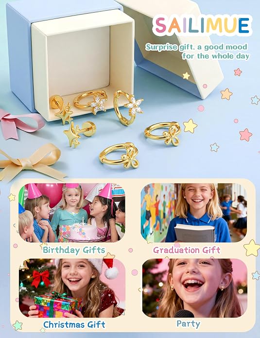 SAILIMUE Hypoallergenic Flat Back Earrings for Girls Women - Cute Toddler Kids Earrings Set Surgical Stainless Steel Earring for Sensitive Ears Small 14K Gold Plated Stud Hoop Earring Stacks