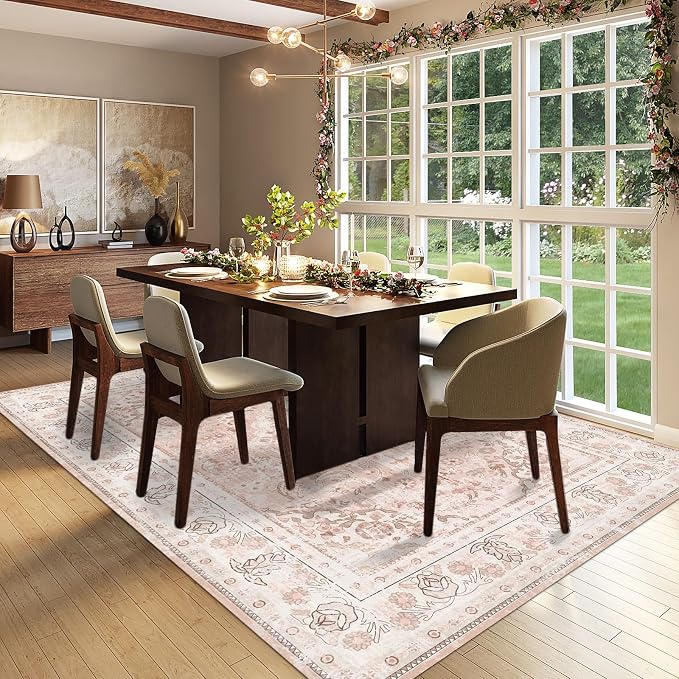 Vhong Area Rugs Boho Washable Vintage Modern Dusty Pink Large Carpet 8×10 Rugs for Dinning Room Living Room Bedroom Girls' Room Nursery Room Non Slip