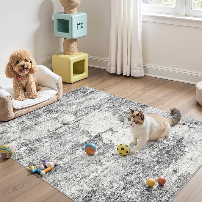 DMOYEST 4x6 Area Rug - Washable & Non Slip Indoor Rug for Living Room, Ultra Soft Abstract Low Pile Carpet, Kid & Pet Friendly Neutral Decor for Bedroom - Grey