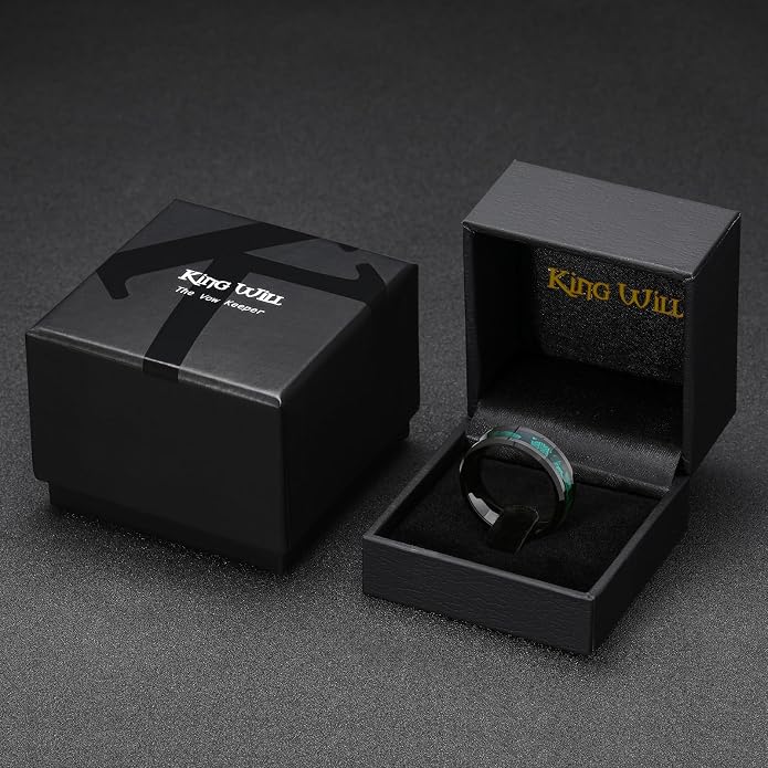 King Will Black Tungsten Wedding Band For Men, 8mm Promise Ring Inlay Red Twill Pattern/Colorful Wood Chips, High Polished Beveled Edge - Suitable For Daily Wear, Comfort Fit Size 7-14