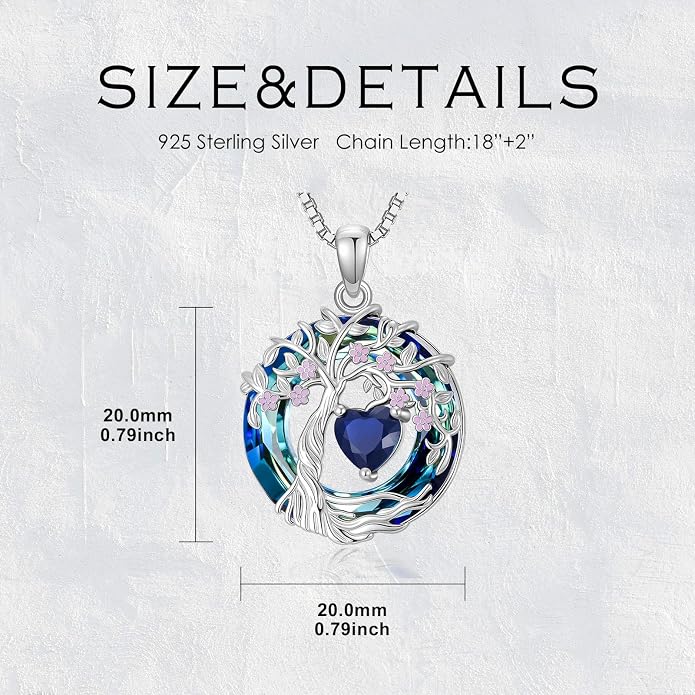 Tree of Life Birthstone Necklace 925 Sterling Silver Crystal Tree of Life Pendant Birthstone Jewelry Birthday Christmas Gifts for Women Mom Her Wife