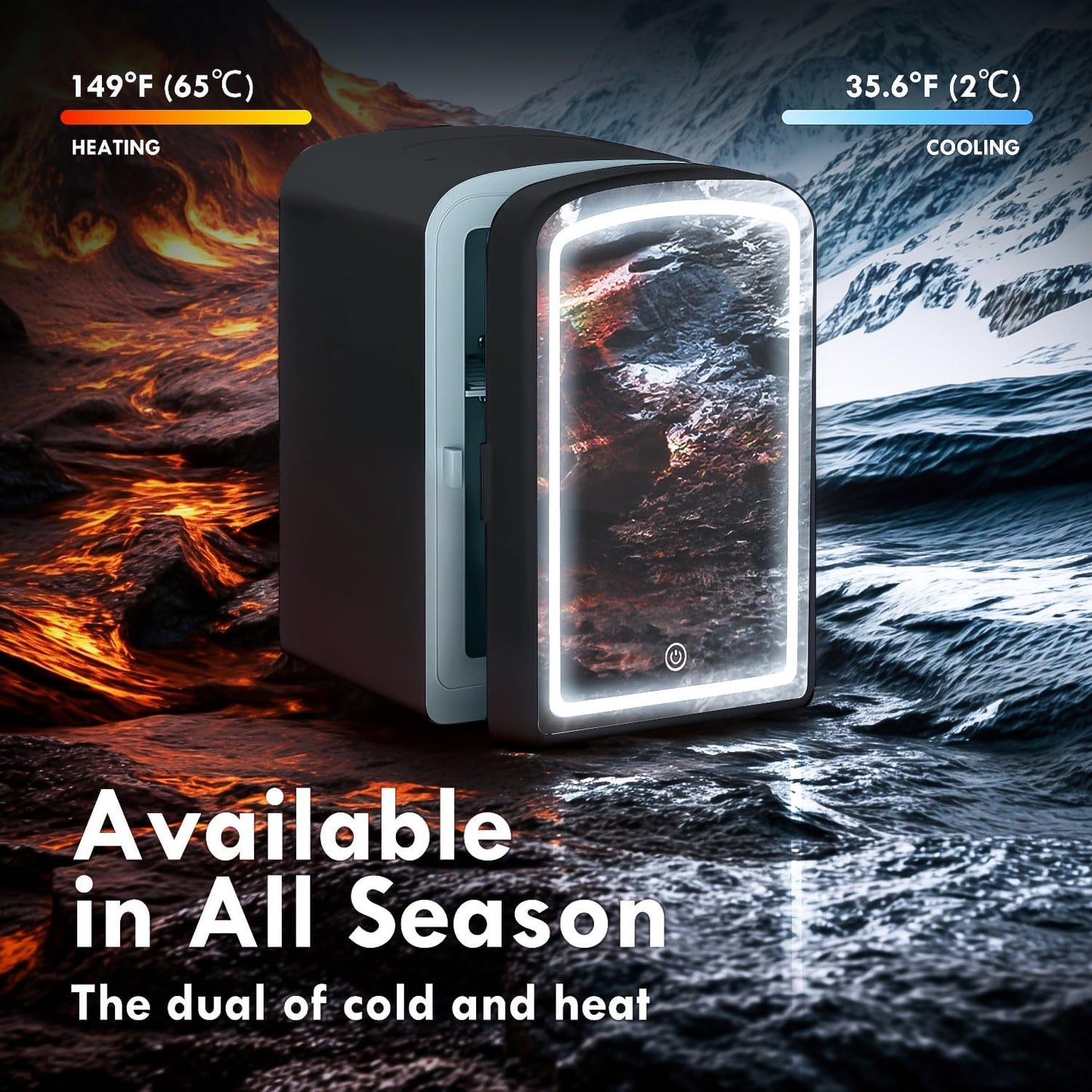 Mini Fridge for Skin Care, 4 Liter Portable Small Fridge with Dimmable LED Mirror, Hot or Cold Personal Beauty Refrigerator for Bedroom, Office, Car, Makeup(BLACK)