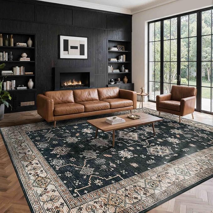 Rugxara Black 8x10 Area Rugs for Living Room Bedroom Large Washable Rug | Non Slip, Rug for Dining Room Office Kids Room, Stain Resistant, Soft, Low Pile, Vintage Boho Retro Carpet,Home Decor