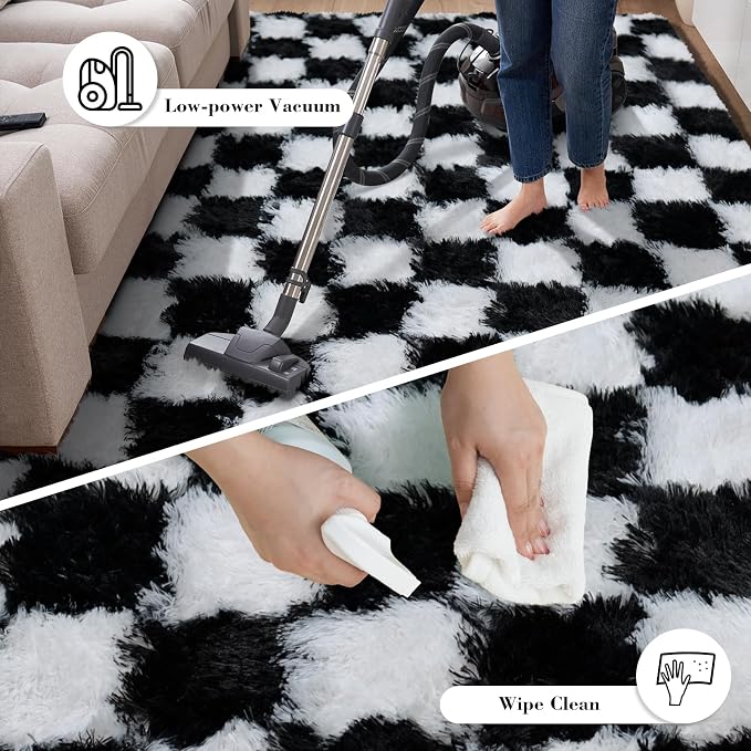 Checkered Rug for Bedroom, 2x4 Black and White Area Rugs, Classic Checkered Carpets Shag Area Rug, Bedside Rugs for Living Room Bedroom Room Home Decor