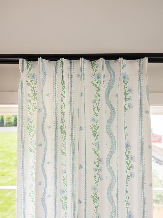 DrapePalette - Linen Blend Pinch Pleated Curtains 84 Inches Long for Living Room, Bedroom, Dining Room, Light Filtering Curtains 2 Panels Set, Modern Floral Printed Design, Blue Trellis, 30" W x 84" L