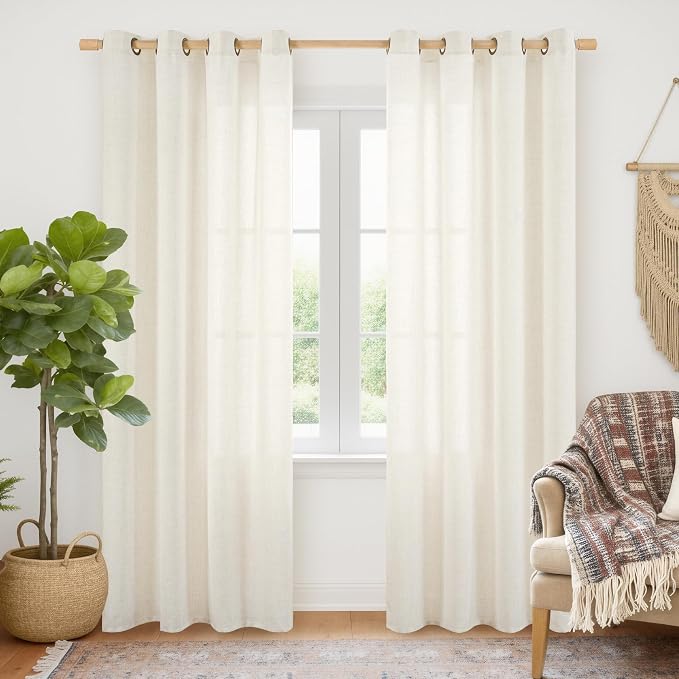 YoungsTex Ivory Linen Curtains 80 Inch Length for Living Room Window, Light Filtering Drapes Rustic Semi Sheer with Bronze Grommet Privacy for Bedroom Farmhouse Decorative, 52 x 80 Inch, 2 Panels