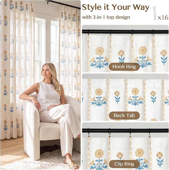 THREE GIRLS Pinch Pleated Light Filtering Linen Blend Floral Block Print Curtains for Living Room, Bedroom, Farmhouse, Memory Trained, Hooks, 2 Panels Set, 40"x90", Yellow