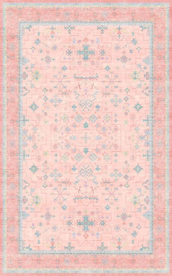 Hazo Haus Pink and Blue Washable 5x8 Living Room Rugs, Boho Aethestic Oushak Vintage Area Rug for Bedroom Girls Kids Playroom Nursery Room, Non-Slip Rubber Backing Stain Resistant