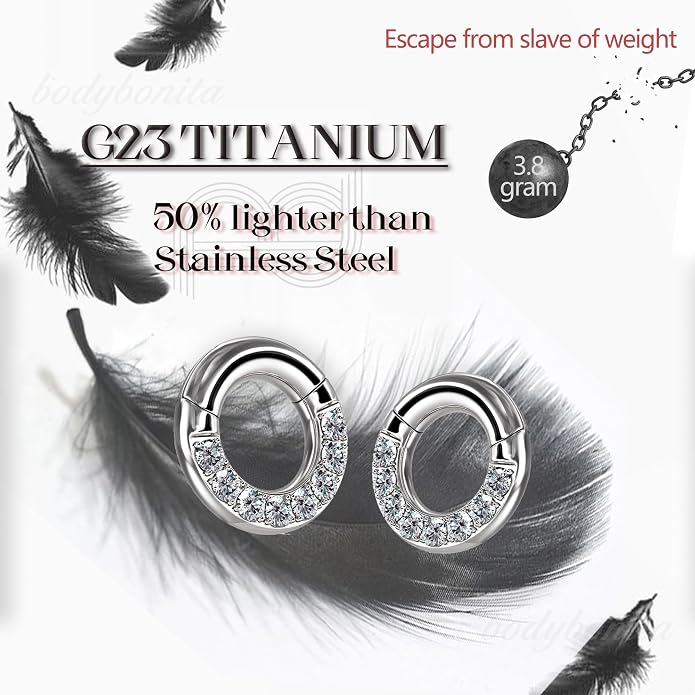 BodyBonita G23 Titanium 0G 2G 4G 6G 8G 10G 12G 14G CZ Septum Rings PA Nose Hoops Clicker Ear Weights for Stretched Ear Piercing Jewelry 10mm 12mm Silver/Gold/Black