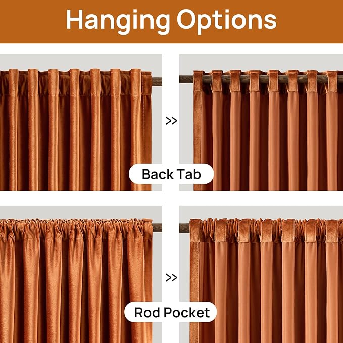 Orange Velvet Curtains 120 inch Long for Living Room,Luxury 2 Panels Room Darkening Rod Pocket Back Tab Curtain Elegant Thermal Insulated Heavy Soft Soundproof Decorative Window Drapes for Bedroom