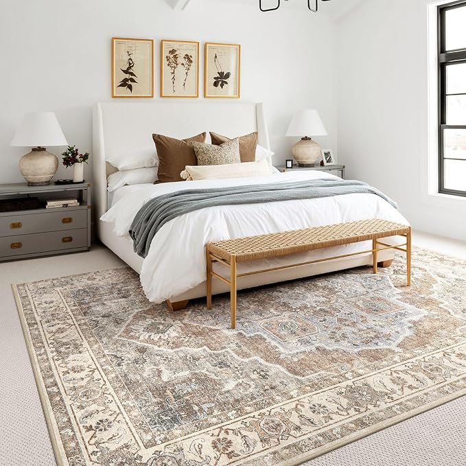 6x9 Washable Area Rug: Vintage Neutral Soft Non Slip Thin Large Floor Carpet for Living Room Bedroom Kitchen Dining Room Home Office Farmhouse Indoor - Grey Brown