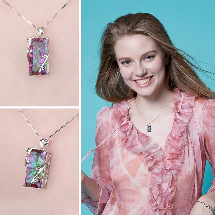JewelryPalace Multicolor Luxurious 15.2ct Rectangle Genuine Mystic Quartz Pendant Necklaces for Women, 14K White Yellow Rose Plated Gold 925 Sterling Silver Natural Gemstones, 18 Inches Chain
