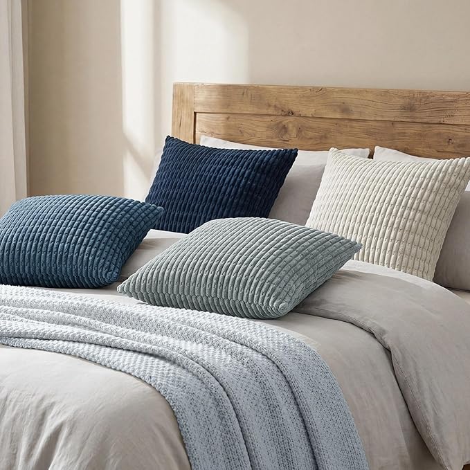 Softalker Throw Pillow Covers 16x16 Inch, Set of 4, Corduroy Soft Striped Farmhouse Boho Pillow Cover, Modern Decorative Cushion Pillow Case for Couch Sofa Bedroom Living Room, Grey/Blue