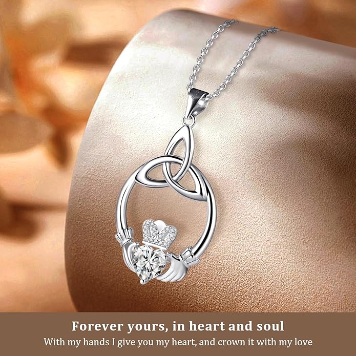 Gift Birthstone Necklaces for Women 925 Sterling Silver Irish Claddagh Necklace for Women Heart Birthstone Pendant Necklace Anniversary Birthday Gifts for Wife Lady Cable Chain 18"+2"