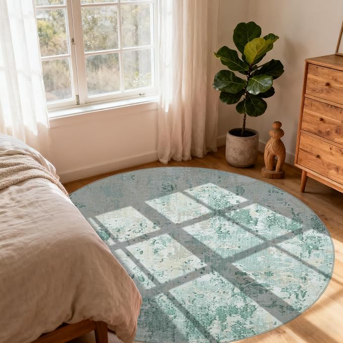 ROYHOME Modern Abstract 8x8 Round Area Rug Non Slip Non Shedding Rug Low Pile Stain Resistant for Bedroom Living Room Office Dining Room,Green