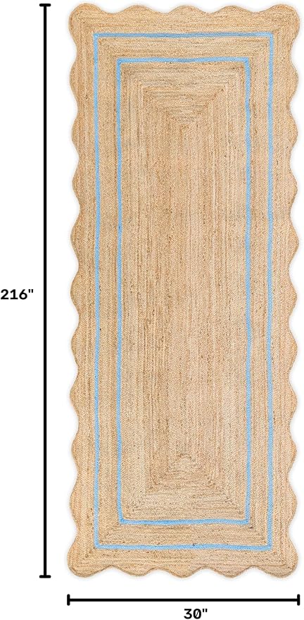 Wave Scalloped Natural Jute Runner, Sky Blue (2'6"x18'): Boho Farmhouse Entryway Scallop Rug